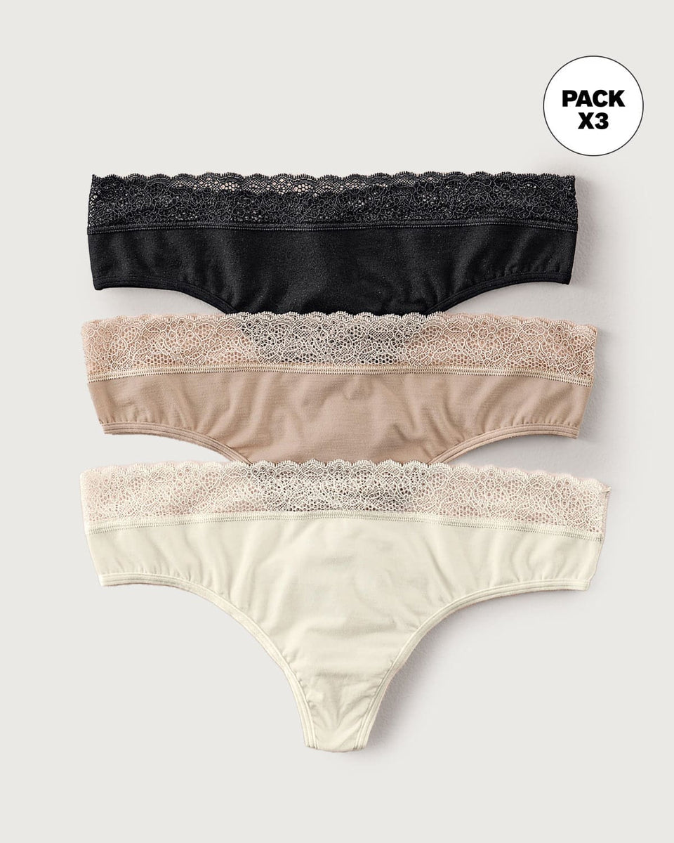 Paquete x3 brasileras en algodón elástico con detalle en encaje