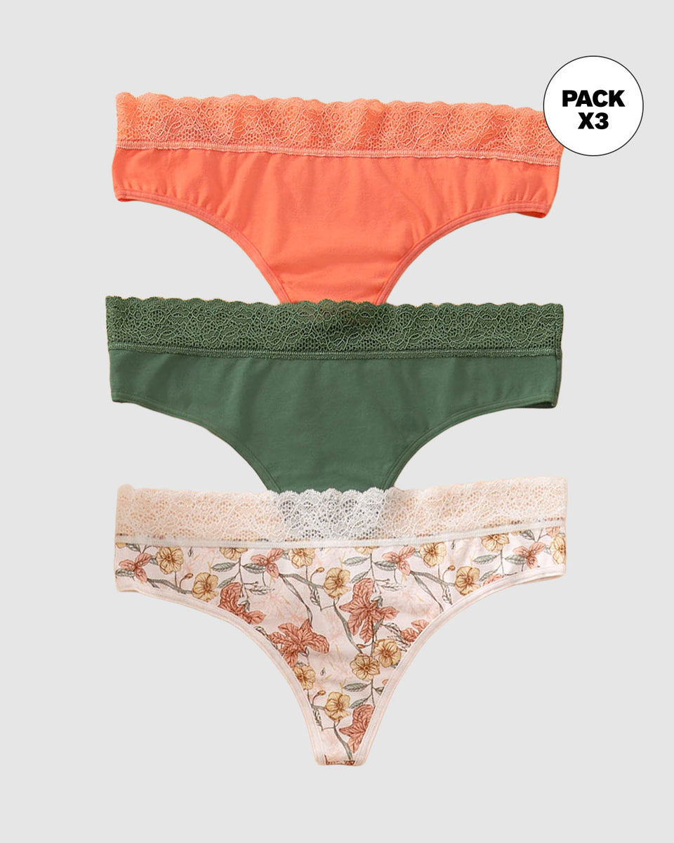 Paquete x3 brasileras en algodón elástico con detalle en encaje