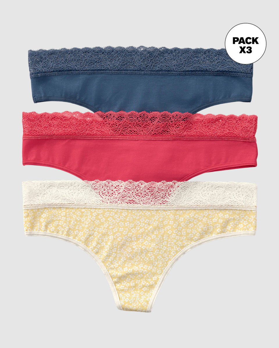 Paquete x3 brasileras en algodón elástico con detalle en encaje