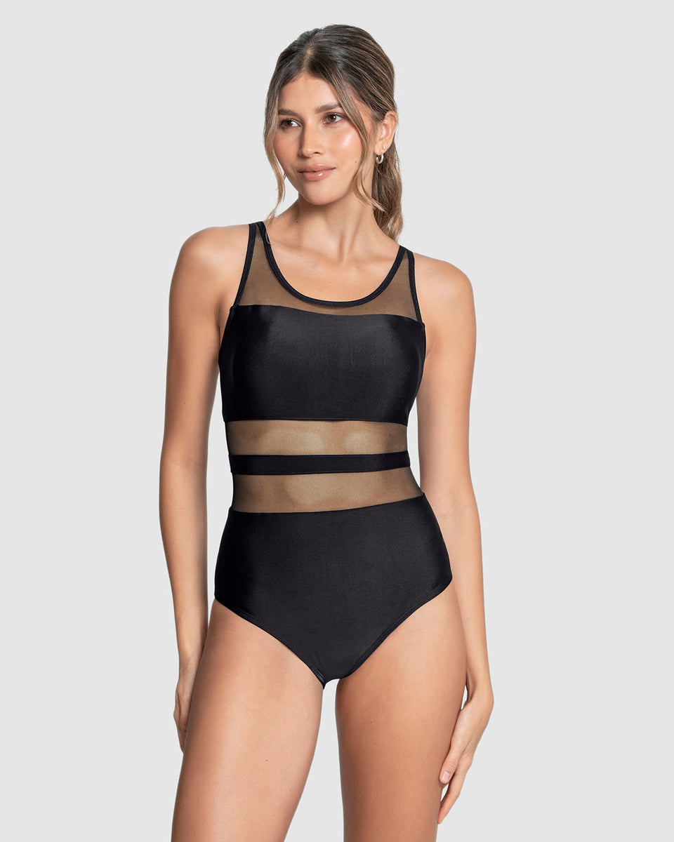 Traje de baño entero de control con transparencias en tul