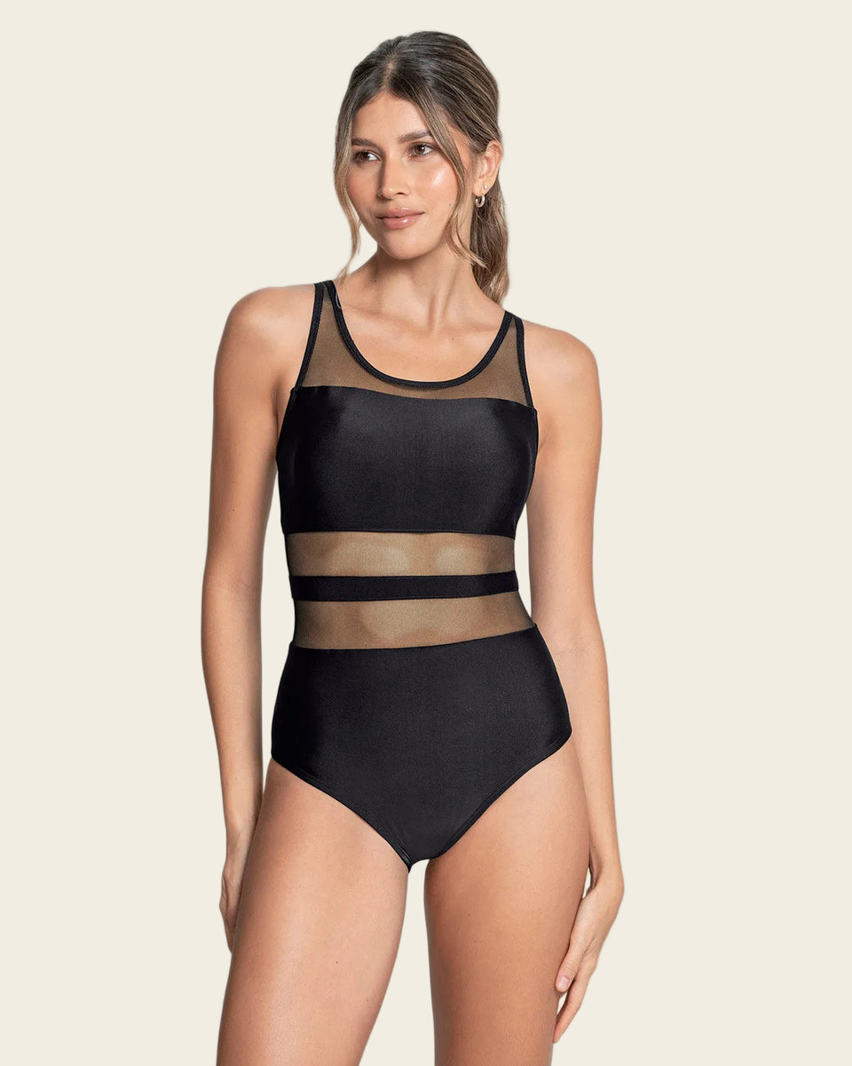 Traje de baño entero de control con transparencias en tul