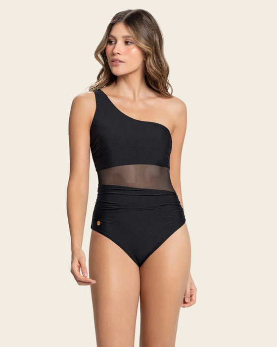 Traje de baño entero de un solo hombro con control de abdomen#color_700-negro