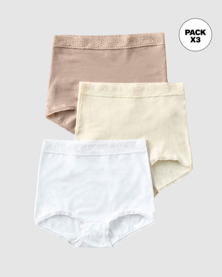 Paquete x 3 bloomers clásicos de ajuste y cubrimiento total#color_984-cafe-blanco-marfil