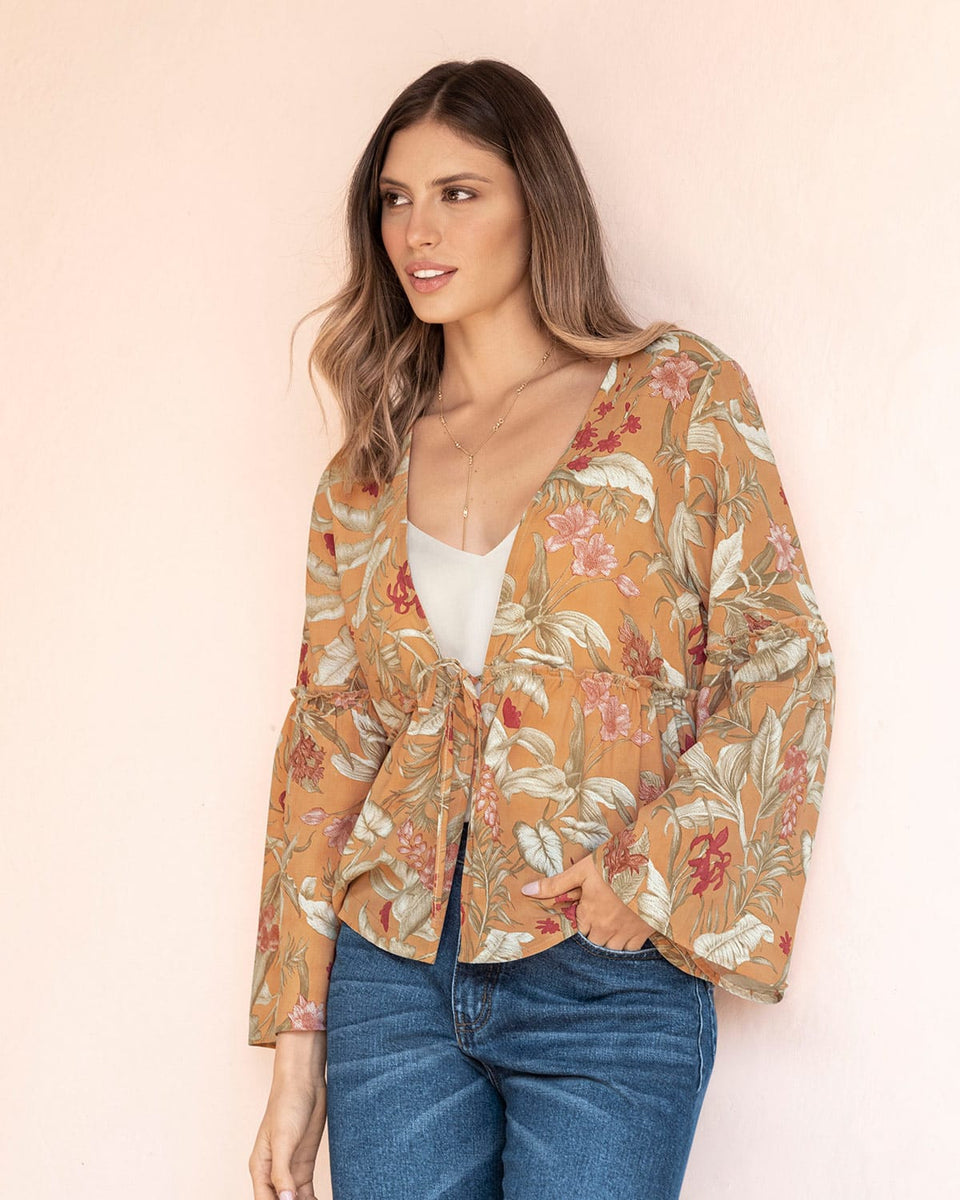 Blusa manga larga con tira para amarrar en cintura