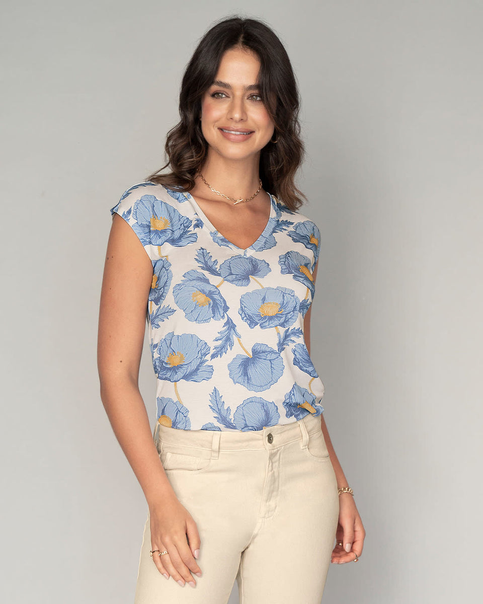 Blusa estampada manga corta con cuello en V
