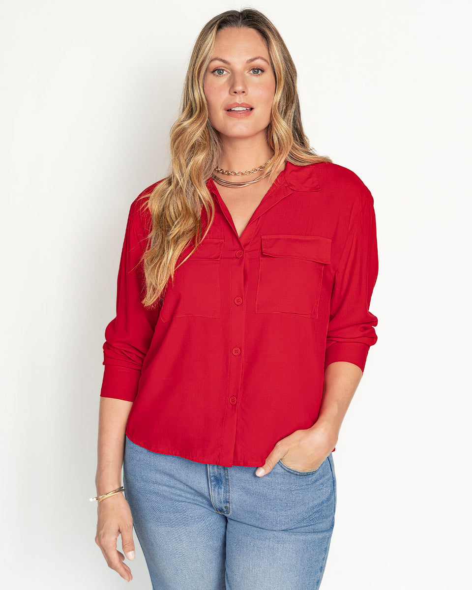 Blusa manga larga con perilla y bolsillos funcionales para mujer