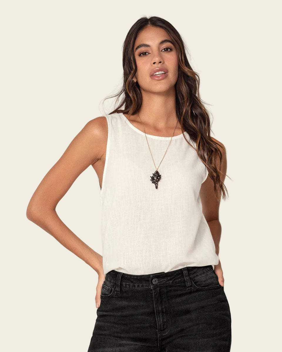 Blusa sin mangas estampada de cuello redondo alto