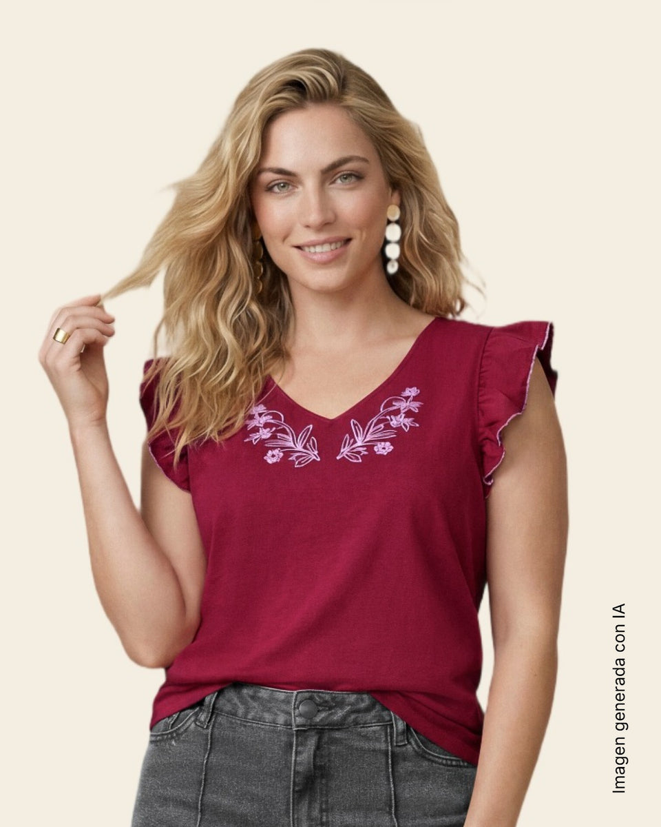 Blusa de mangas con vuelo y estampado localizado