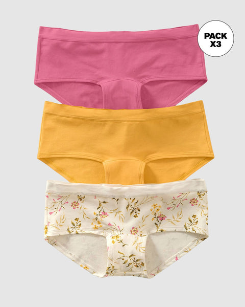 Paquete x 3 hipsters para mujer semidescaderados en algodón#color_s34-estampado-botanico-rosado-amarillo