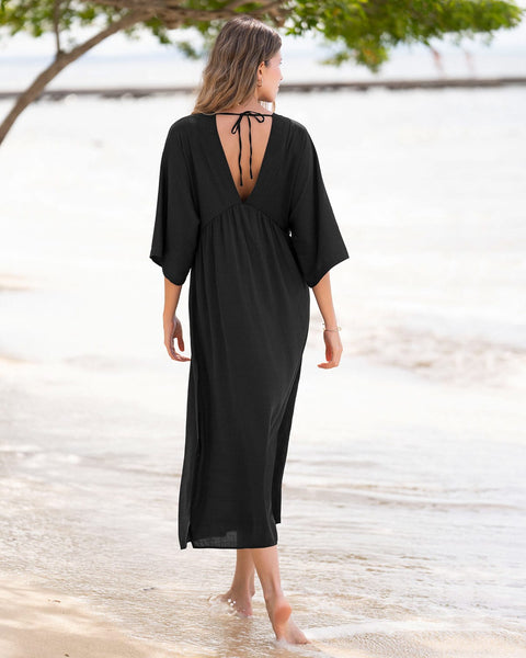 Vestido playero con tiras anudables en espalda#color_700-negro