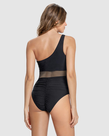 Traje de baño entero de un solo hombro con control de abdomen#color_700-negro