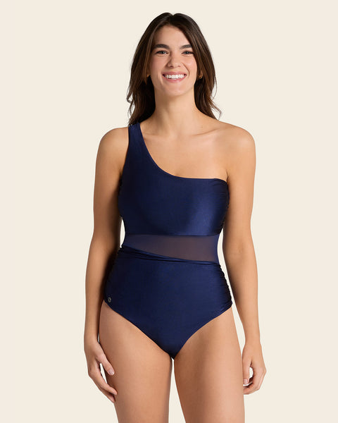 Traje de baño entero de un solo hombro con control suave de abdomen bajo#color_509-azul-oscuro