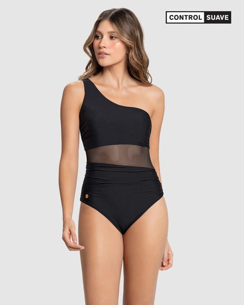 Traje de baño entero de un solo hombro con control suave de abdomen bajo#color_700-negro