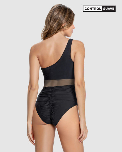 Traje de baño entero de un solo hombro con control suave de abdomen bajo#color_700-negro