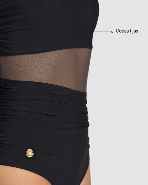 Traje de baño entero de un solo hombro con control suave de abdomen bajo#color_700-negro