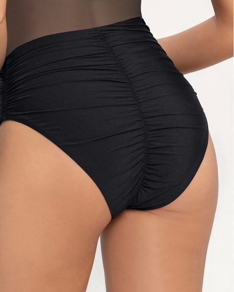 Traje de baño entero de un solo hombro con control suave de abdomen bajo#color_700-negro