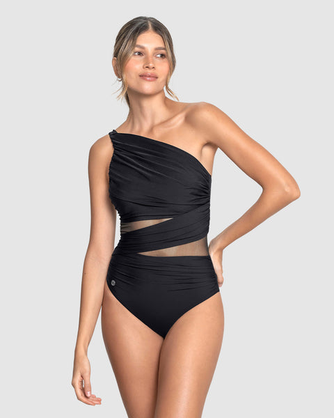 Traje de baño entero de control de abdomen y hombro asimétrico#color_700-negro