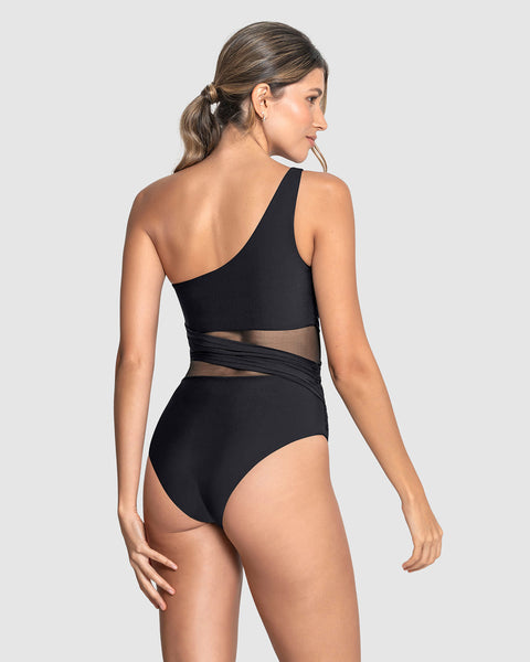 Traje de baño entero de control de abdomen y hombro asimétrico#color_700-negro