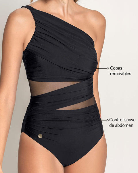 Traje de baño entero de control de abdomen y hombro asimétrico#color_700-negro