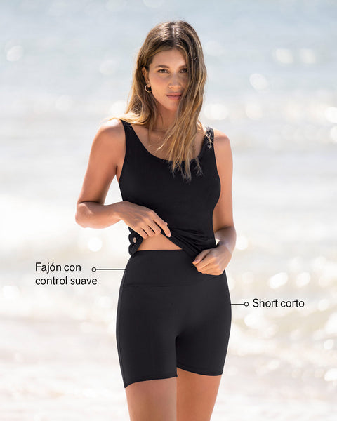 Traje de baño de dos piezas con short de control de abdomen#color_700-negro