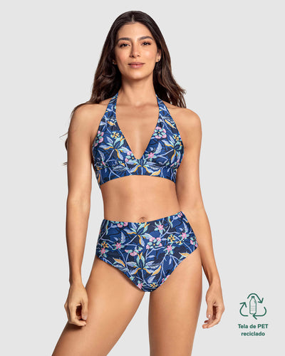 Traje de baño de dos piezas de top silueta halter y bloomer tiro alto#color_058-estampado-flores-azul