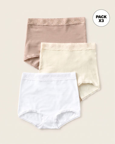 Paquete x 3 bloomers clásicos de ajuste y cubrimiento total#color_984-cafe-blanco-marfil