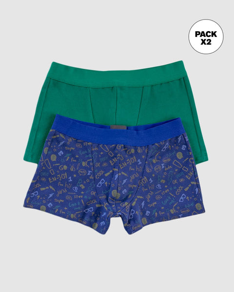 Paquete X2 boxers en algodón para niños#color_s62-azul-estampado-enjoy-verde