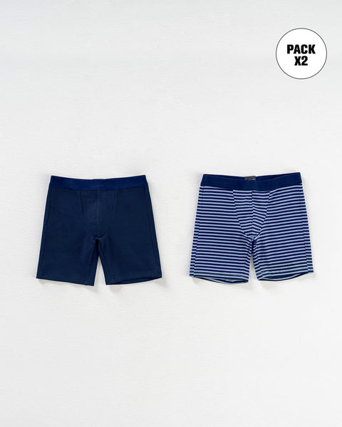 Paquete x 2 boxer largo en algodón para niño#color_s21-estampado-rayas-azul-oscuro