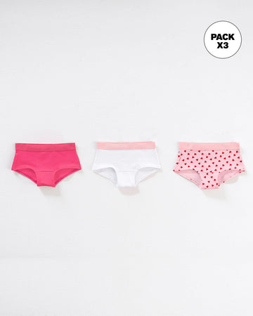 Paquete x 3 bloomers tipo hipster en algodón suave para niña#color_s45-fucsia-estampado-corazones-blanco