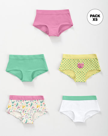 Paquete x 5 bloomers tipo hipster en algodón suave para niña#color_s29-rosado-verde-blanco-puntos-estampado