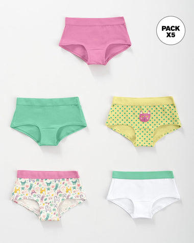 Paquete x 5 bloomers tipo hipster en algodón suave para niña#color_s29-rosado-verde-blanco-puntos-estampado