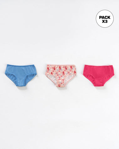 Paquete x 3 bloomers clásicos en algodón suave para niña#color_s29-fucsia-estampado-coral-azul