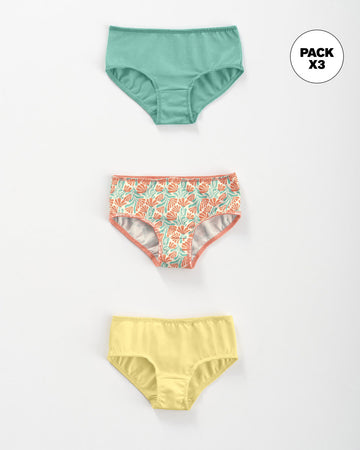 Paquete x 3 bloomers clásicos en algodón suave para niña#color_s31-coral-estampado-amarillo-verde