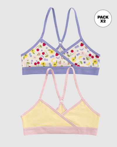 Top principiante con espalda deportiva para niña paquete x 2#color_s02-amarillo-claro-marfil-estampado-flores