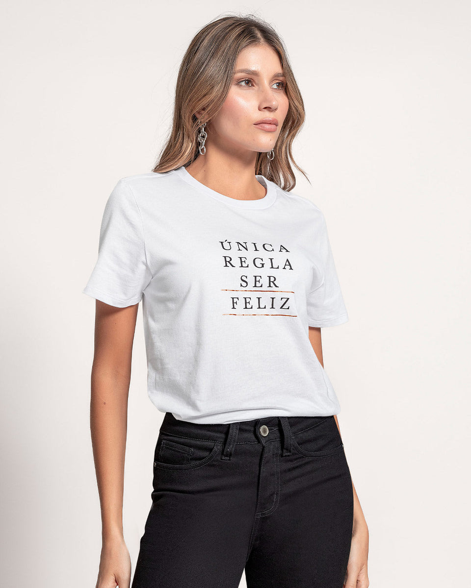 Blusa manga corta cuello redondo y estampado frontal para mujer