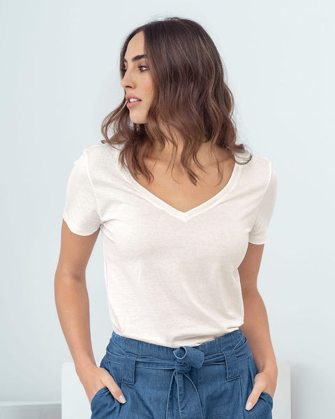 Blusa manga corta cuello en V elaborada en algodón#color_018-marfil