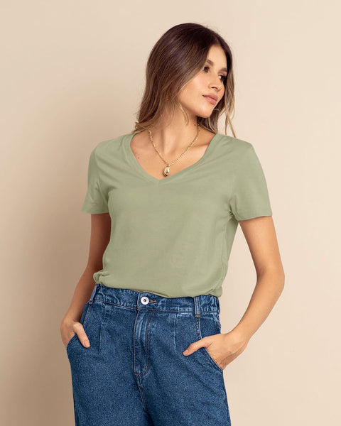 Blusa manga corta cuello en V elaborada en algodón#color_172-verde-medio
