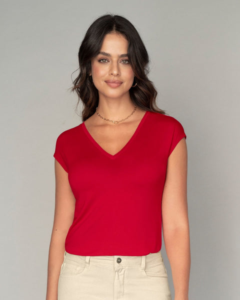 Blusa estampada manga corta con cuello en V#color_302-rojo