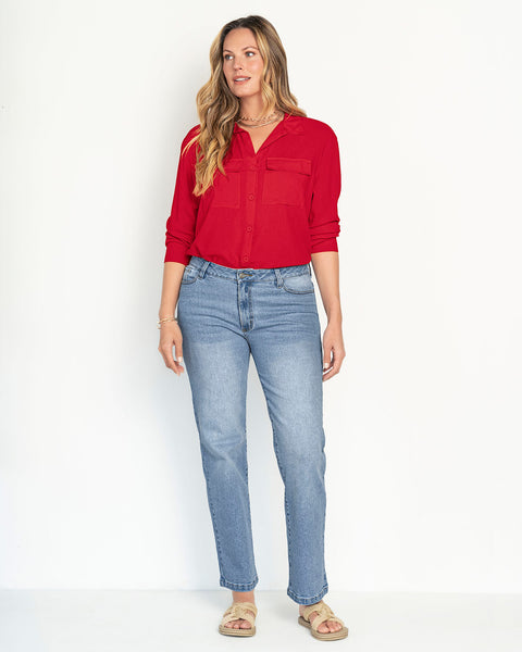 Blusa manga larga con perilla y bolsillos funcionales para mujer#color_340-rojo
