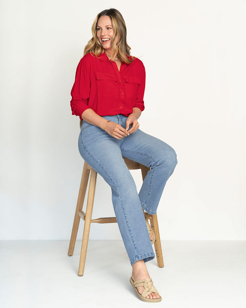 Blusa manga larga con perilla y bolsillos funcionales para mujer#color_340-rojo