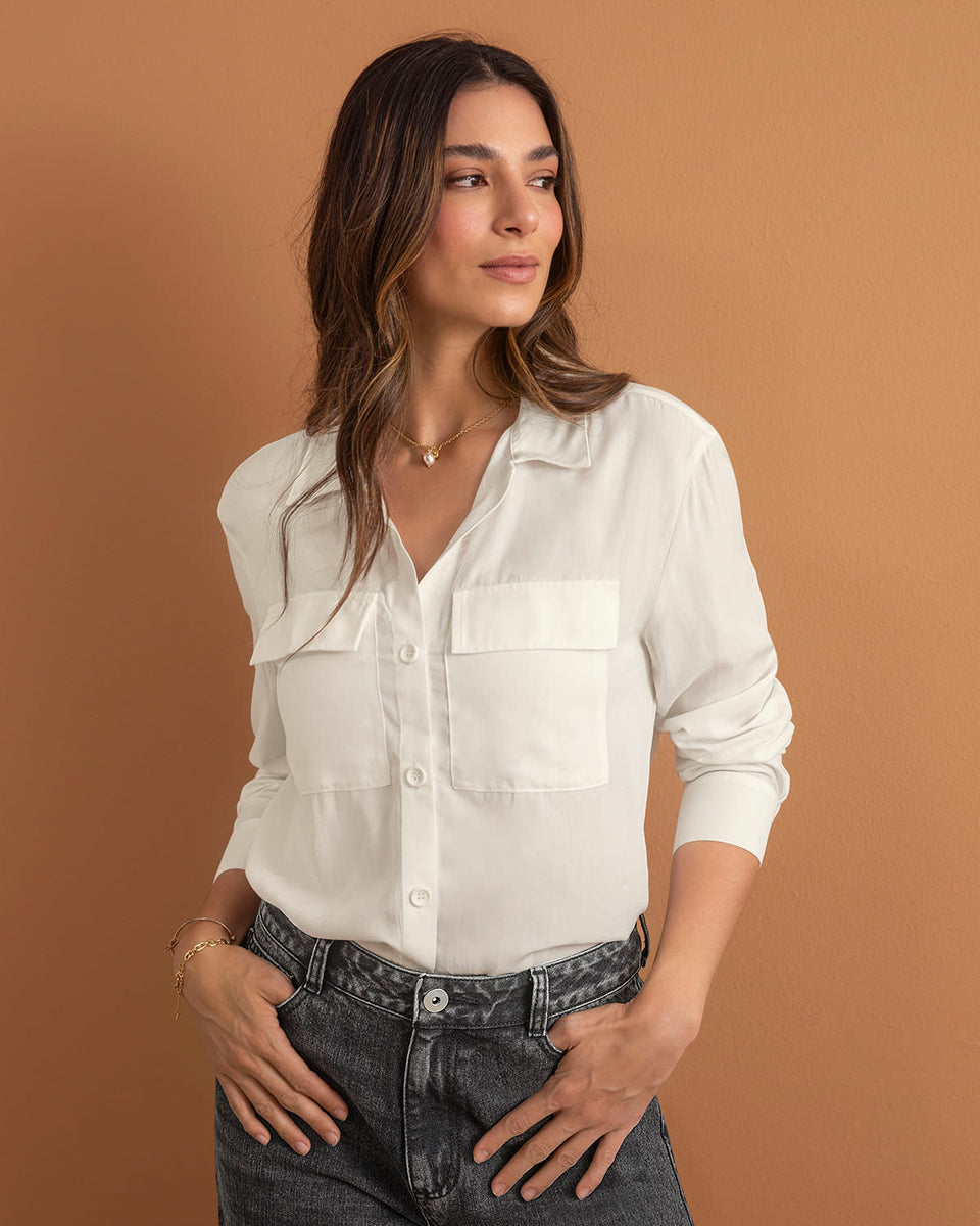 Blusa manga larga con perilla y bolsillos funcionales para mujer