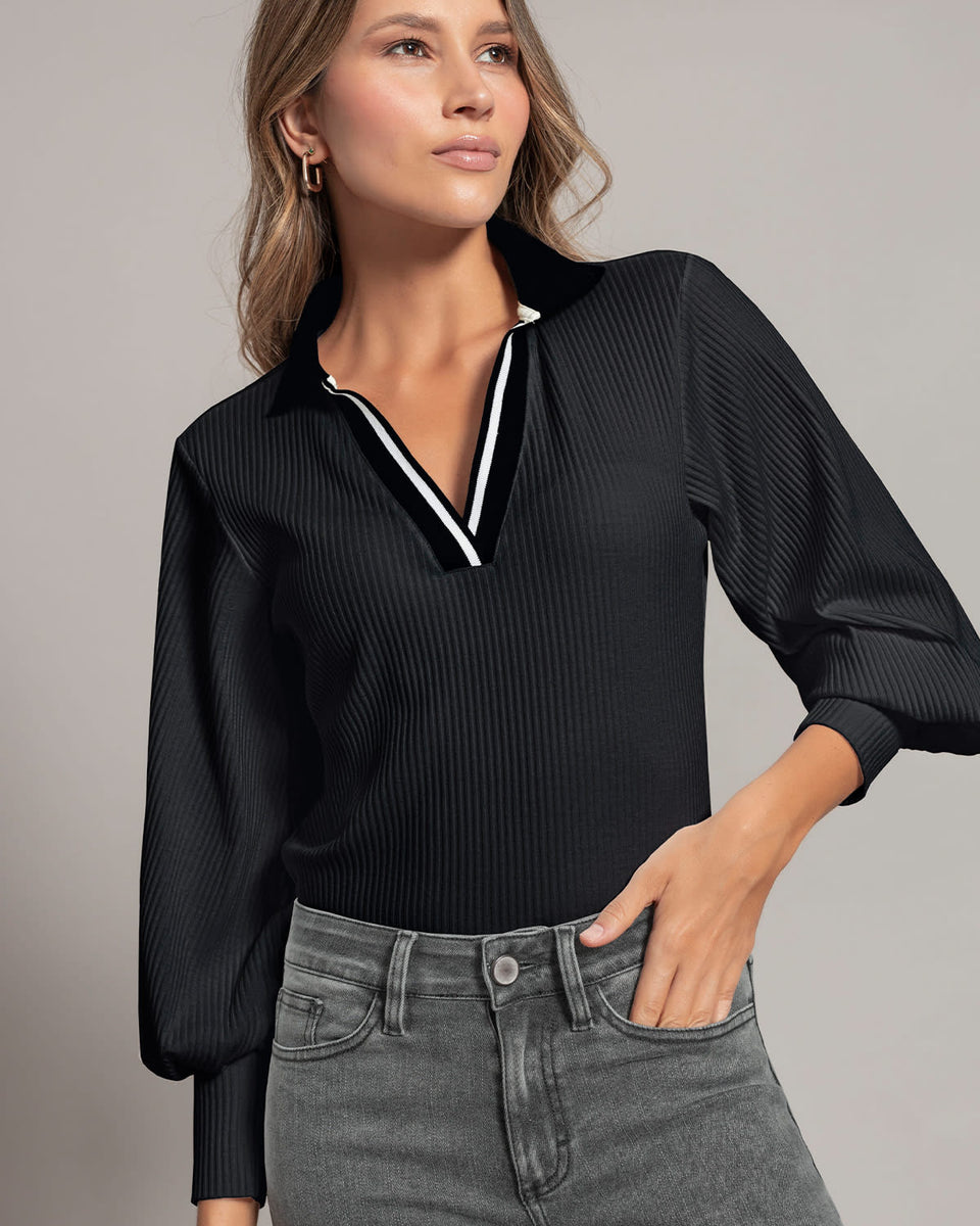 Blusa manga larga con cuello tejido y tela acanalada