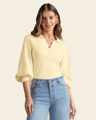 Blusa manga larga con cuello tejido y tela acanalada#color_c72-mantequilla