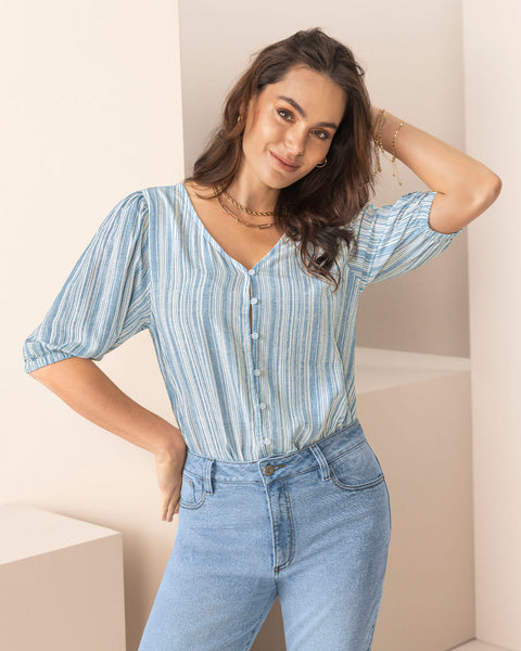 Blusa manga 3/4 con botones con ojales#color_022-rayas