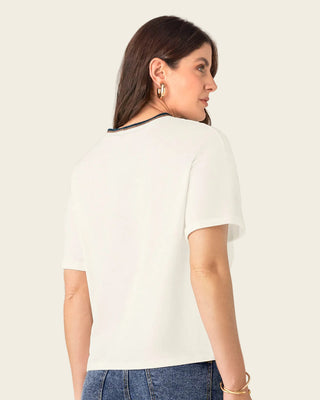 Blusa manga corta con detalle tejido en el cuello#color_018-marfil