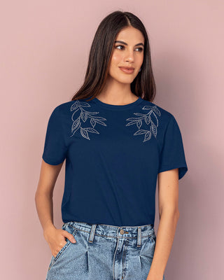 Blusa manga corta en algodón con estampado en frente#color_c41-azul