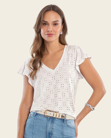 Blusa con boleros en manga elaborada en tela tipo ojalillo#color_000-blanco
