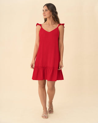 Vestido corto con bolero en mangas y ruedo#color_c35-rojo