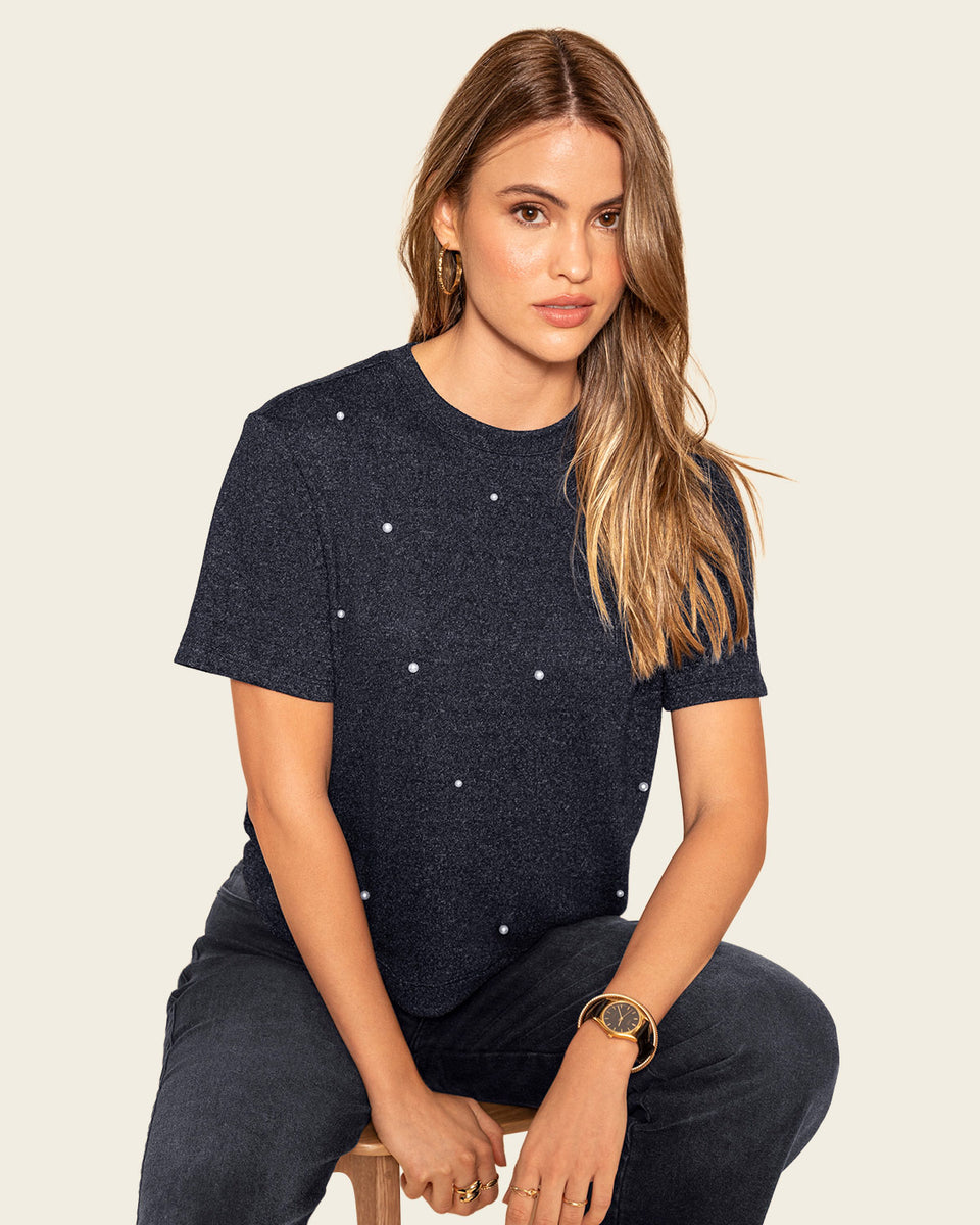 Blusa manga corta con apliques de perlas