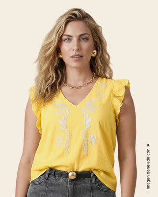 Blusa de mangas con vuelo y estampado localizado#color_019-amarillo